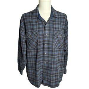 Vintage 90s Flannel Board Shirt XL Grey Blue Plaid Button Up Long Sleeve Pockets